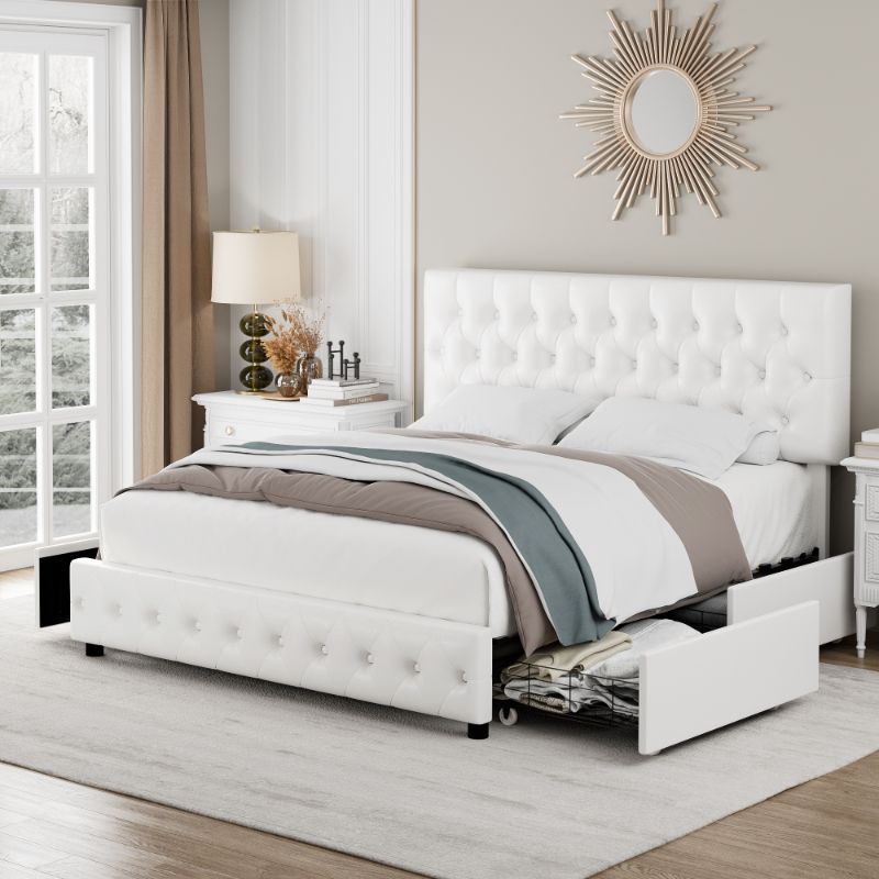 Photo 1 of Homfa Faux Leather Storage Platform Bed Frame, Queen White Bed Frame with 4 Drawers, Upholstered with Adjustable Headboard