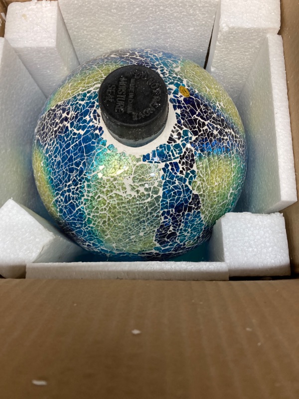 Photo 3 of Alpine Corporation HMD226 Shades of Blue Crackle Glass Gazing Ball, Colorful Home Décor for Patio & Garden, 12" H, Multicolor