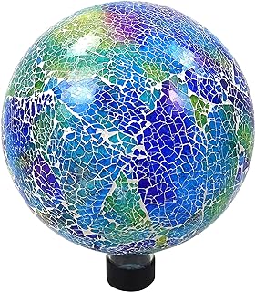 Photo 1 of Alpine Corporation HMD226 Shades of Blue Crackle Glass Gazing Ball, Colorful Home Décor for Patio & Garden, 12" H, Multicolor