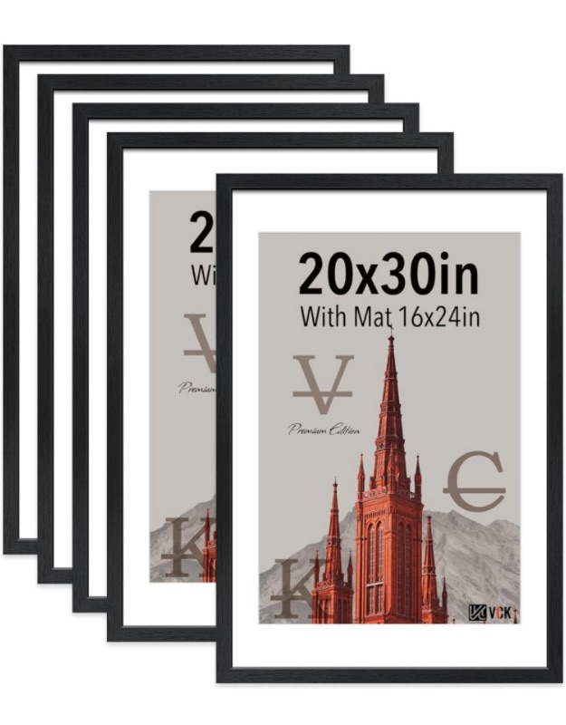 Photo 1 of ***MISSING ON FRAME*** VCK 20x30 Poster Frame Black - 5 Pack, Solid Wood Picture Frame, Matted to 16x24 or 20x30 without Mat, Textured Exclusive, Horizontal and Vertical Formats with Included Hanging Hardware