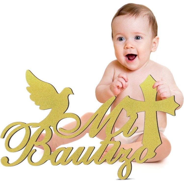 Photo 1 of Mi Bautizo Letter Sign Glitter Wooden Wall Hanging Baby Shower Decor First Communion Accessories for Baby Shower Supplies Gender Reveal Backdrop Baby Party Christmas Gift Ornaments (Gold,16" x 8")