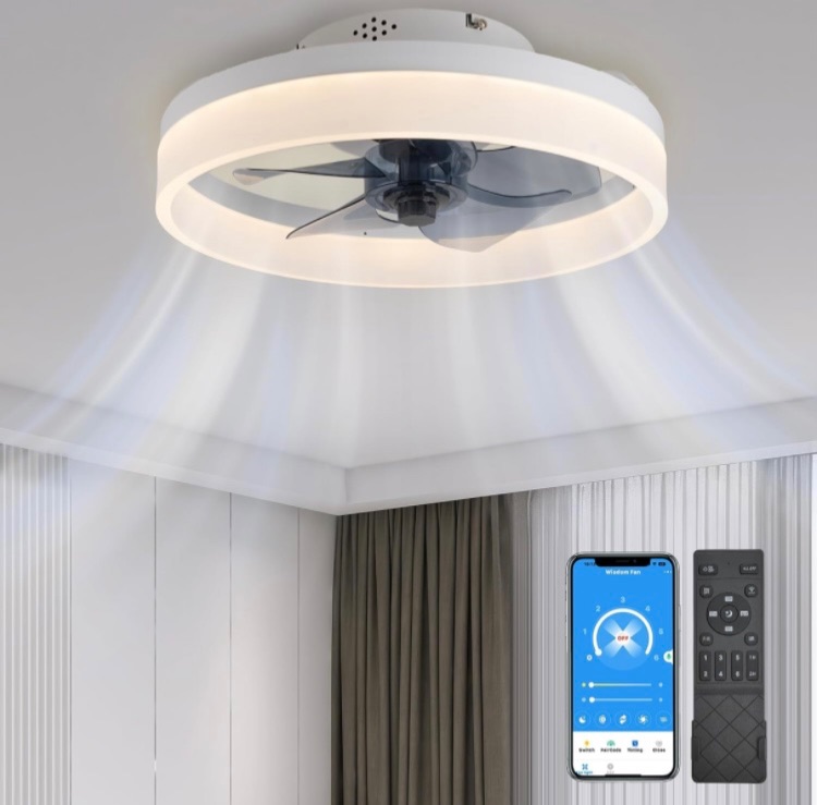 Photo 1 of Ceiling Fans with Lights 15.7in, Low Profile Ceiling Fan Flush Mount with Remote, Dimmable LED 3 Color 6 Speeds Timing, Reversible Bladeless Modern Ceiling Fans for Bedroom Living Room,White