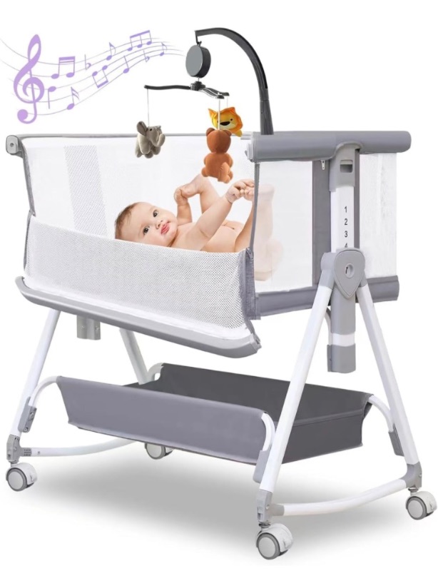 Photo 1 of Baby Bassinet,3 in 1 Baby Bassinets Bedside Sleeper with Musical Toy,Bedside Cribs with Storage Basket and Wheels,7 Height Adjustable Easy Folding Bassinet,Safe Co-Sleeping Crib(Grey 0-6Months)