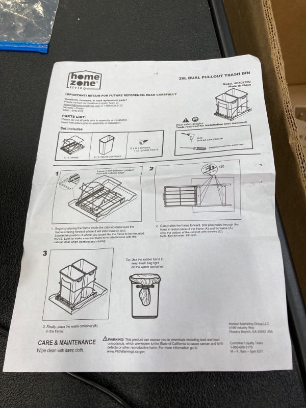 Photo 3 of  Home Zone Living 15 Gallon Pull Out Dual Trash Can for Recycling and Trash, Under Cabinet Design, 58 Liter Total Capacity, Black, VK40235U