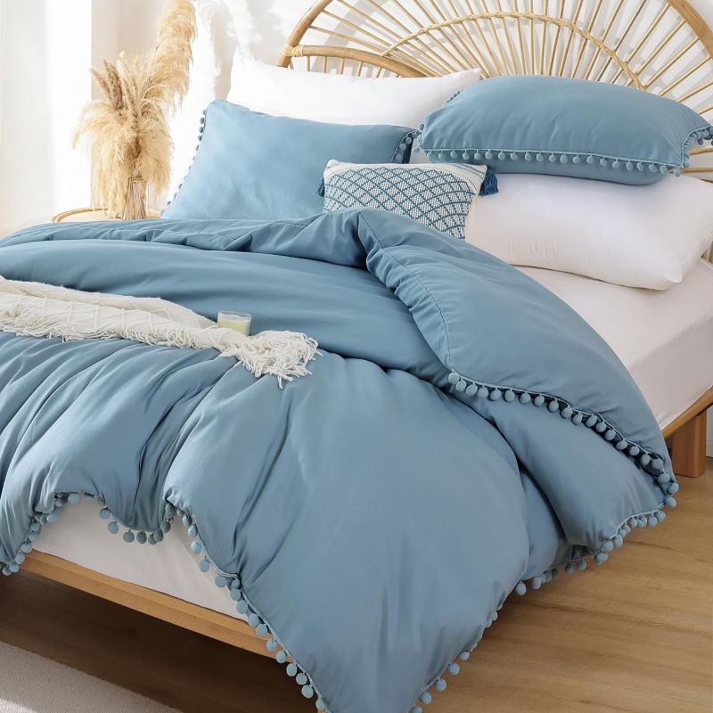 Photo 1 of  **NAVY BLUE**YIRDDEO Beige King Ball Pom Fringe Design Comforter Set 3pcs, Off White Luxurious Boho Aesthetic Full Bedding Set, Vintage Ultra Soft Microfiber Comforter Set (1 Comforter, 2 Pillowcases) navi blue