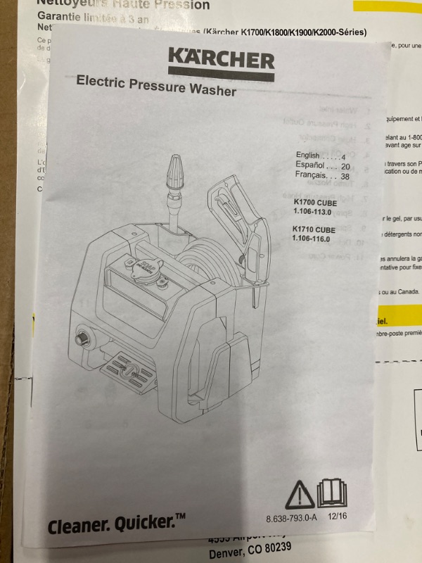 Photo 3 of Kärcher - K1700 Cube TruPressure Electric Pressure Washer - 1700 PSI / 2125 Max PSI Power Washer - With 3 Nozzles for Cleaning Cars, Siding, Driveways, Fencing, & More - 1.2 GPM K1700 Cube Pressure Washer