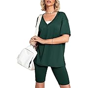 Photo 1 of Glamaker Women 2 Piece Outfits 2024 Lounge Short Sets V Neck Short Sleeve T-shirt Top Biker Shorts Set
Small