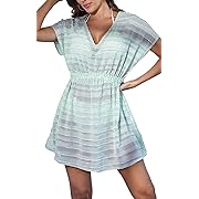 Photo 1 of B2prity Women's Chiffon Swim Cover Up Short Sleeve V Neck Swimwear Coverup Casual Elastic Waist Split Beach Dress XL
