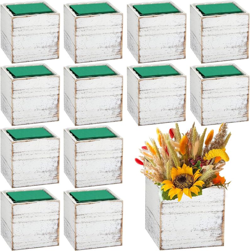 Photo 1 of 12 Sets Square Wood Planter Box Wood Cube Planter Box White Rustic Vase with Removable Plastic Liner Floral Foam Blocks for Centerpieces Home Wedding Garden
