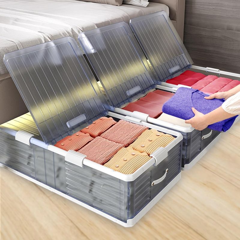 Photo 1 of 2Pack Plastic Under Bed Storage Containers Stackable Underbed Organizer Bins with Lids Bedroom Collapsible Organization Drawer on Rolling Wheels for Bedding Clothes Shoes Duvets Underneath Cube Boxes