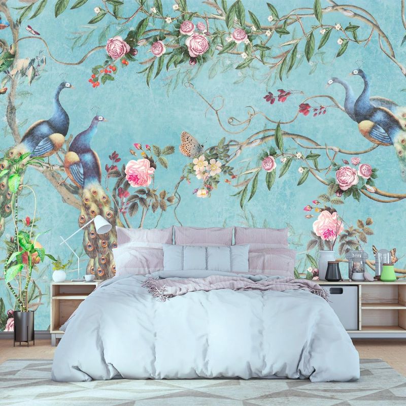 Photo 1 of Chinoiserie Flower Peacock Blue Background Wall Mural Wallpaper for Bedroom Living Room (Not Peel n' Stick)
