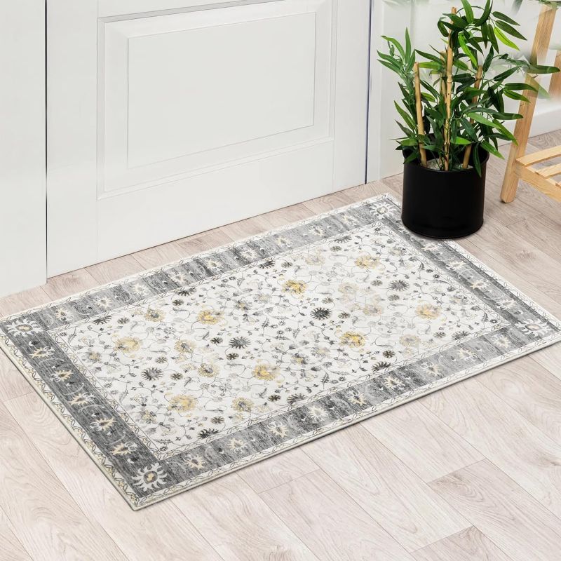 Photo 1 of 2x3 Rugs for Entryway Non-Slip, Washable Entryway Rug Boho Small Area Rug, Soft Vintage Low-Pile Rugs, Door Mat Indoor Entrance Carpet for Bedroom Kitchen Bathroom Living Room, Grey

