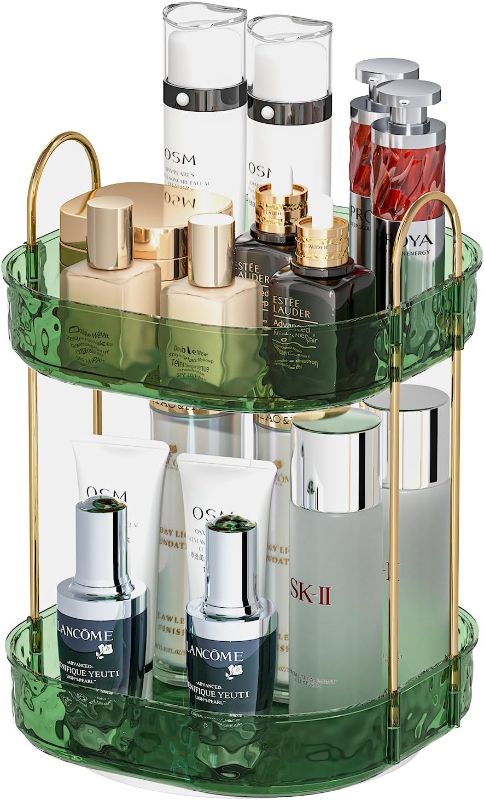 Photo 1 of 360 Rotating Makeup Organizer, Spinning 2 Tiers Skincare Make Up Organizer, Perfume Organizers Cosmetic Storage, Dresser Organizer Countertop for Vanity, Lipsticks, Jewelery, Bathroom(Green)
