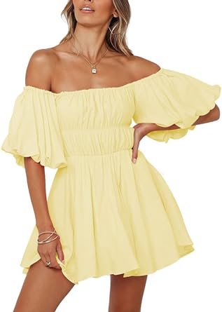 Photo 1 of Dokotoo Womens Off The Shoulder Summer Dresses 2024 Short Lantern Sleeve Ruffle Elastic Waist A-Line Casual Mini Dress