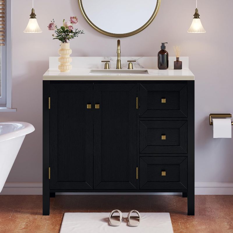 Photo 1 of ***(FACTORY SEALED)***
DWVO 36" Bathroom Vanity with Sink Combo, Modern Bathroom Storage Cabinet with Sintered Stone Countertop & Splash Guard, Three Holes, 2 Doors & 3 Drawers, Black