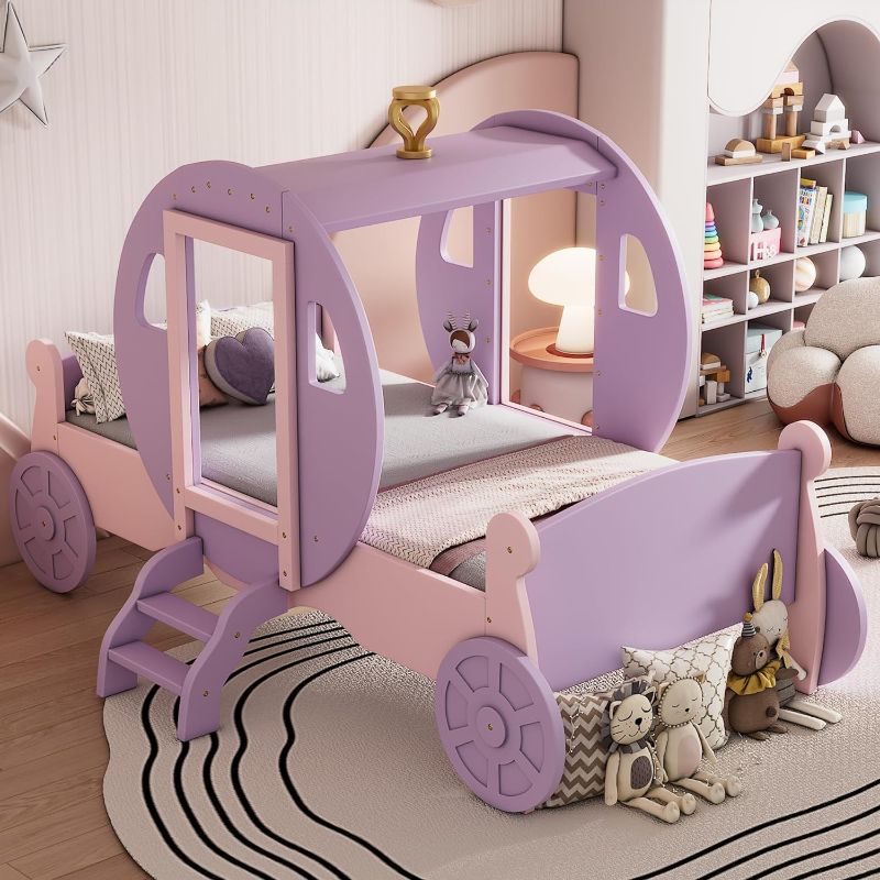 Photo 1 of ***ONLY BOX ONE OF 2****SOFTSEA Princess Twin Bed Frame, Wood Carriage Bed with Stairs, WHITE &PINK , 88x55.9x59.1in, 112LBS, 300LBS Capacity, Includes Tools, for Girls