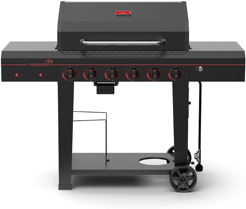 Photo 1 of 6-Burner Propane Barbecue Gas grill, Side Shelves With Hooks, for Camping, Outdoor Cooking, Patio, Garden Barbecue Grill, Open Cart With Side Tables, Black