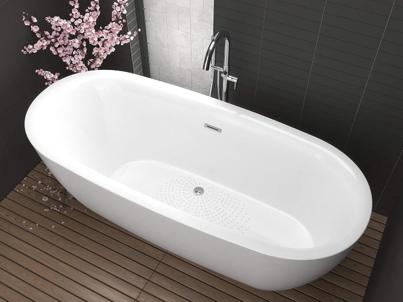 Photo 1 of ANZZI Freestanding Tub 67”, Soaker Tub, Acrylic Center Drain, Luxury Spacious, Deep Soaker Bathtub with Overflow and Drain, Modern Slip-Resistant Floor (FT-AZ401)