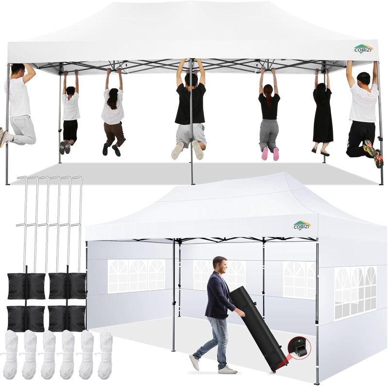 Photo 1 of COBIZI 10x20 Pop up Canopy Tent 10x20 Canopy with 6 Sidewalls Waterproof Heavy Duty Commercial Canopy Tent for Parties Outdoor Tent Garden Gazebo Tent, Carry Bag with Wheel(10x20ft, White)