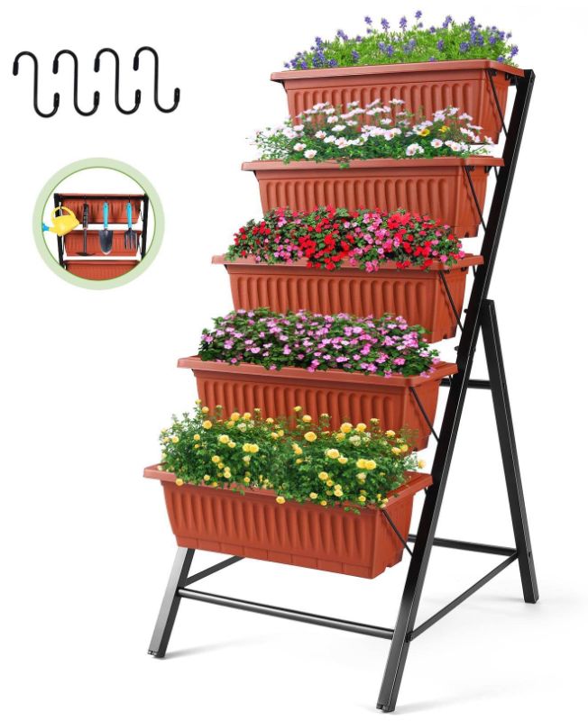 Photo 1 of Funcid 4 ft Vertical Garden 5-Tier Raised Garden Bed Planter Box for Patio Balcony Flower Herb Freestanding Garden Planter Brown, 26"×22.75×45"