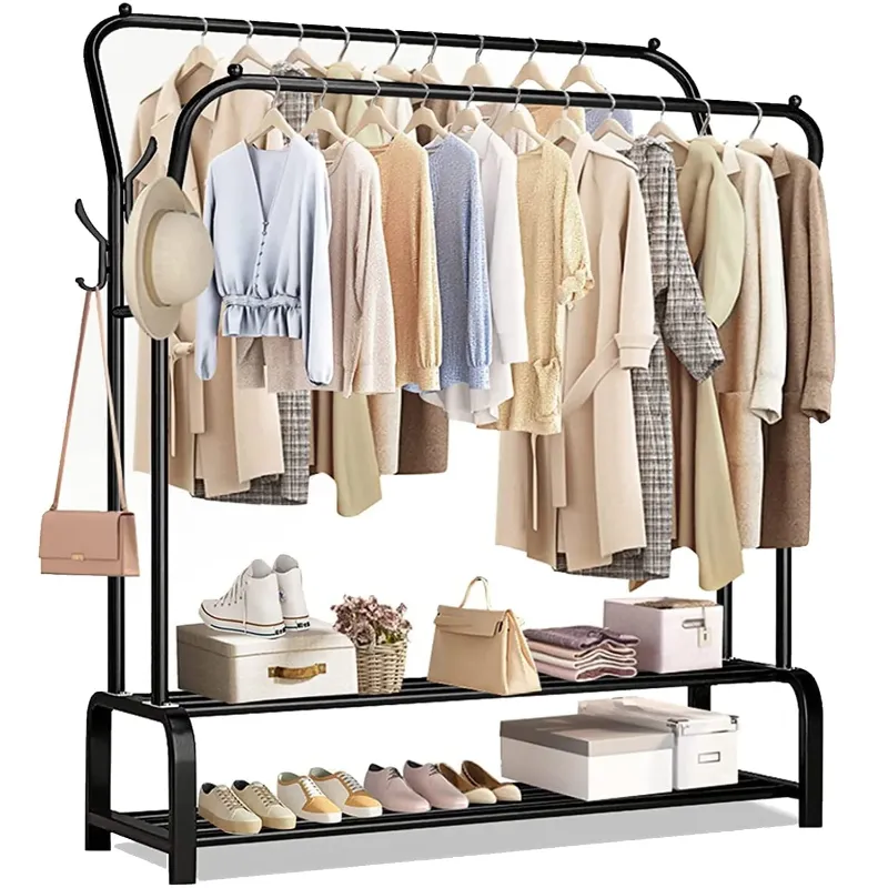 Photo 1 of UNTIMATY Clothing Garment Rack Heavy Duty Freestanding Metal Clothes Stand Double Rail 8 Hangers 2 Shoe Shelves, Black