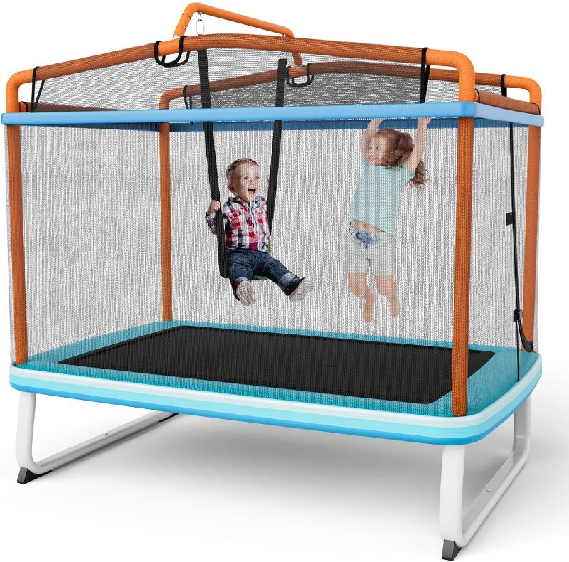 Photo 1 of GYMAX Trampoline for Kids, 75” ASTM Approved Recreational Trampolines with Swing, Horizontal Bar & Enclosure Net, Mini Rectangle Trampoline for Baby Toddlers Indoor/Outdoor