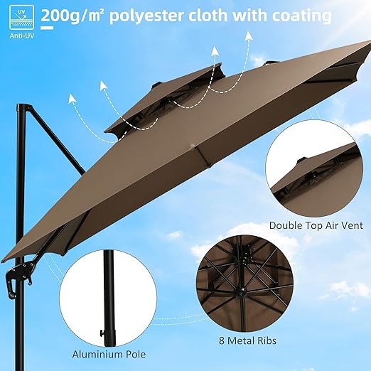 Photo 1 of 10ft Offset Patio Umbrella with Base, Double Top Hanging Aluminum Cantilever Umbrella with 360-degree Rotation, Easy Tilt, 8 Ribs, Crank, Cross Base, Cover, Strap