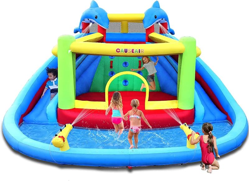 Photo 1 of Inflatable Water Slide with Bounce House,Dolphin Styling,Splashing Pool,Double Water Cannon,Climbing Wall,Heavy Duty GFCI Blower,Inflatable Water Park for Kids Backyard Summer