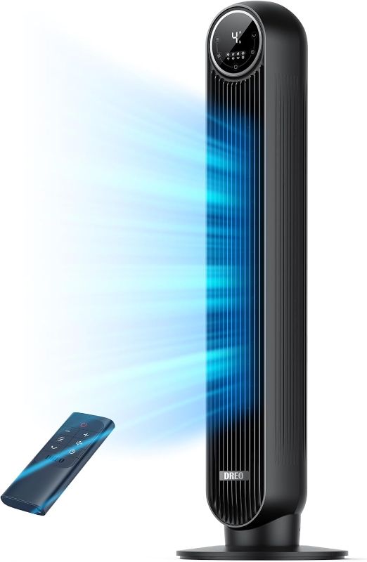 Photo 1 of Dreo Tower Fan for Bedroom, 25ft/s Velocity Quiet Floor Fan, 90° Oscillating Fans for Indoors with 4 Speeds, 4 Modes, 8H Timer, Standing Fans, Bladeless Fan, Black, Nomad One (DR-HTF007)