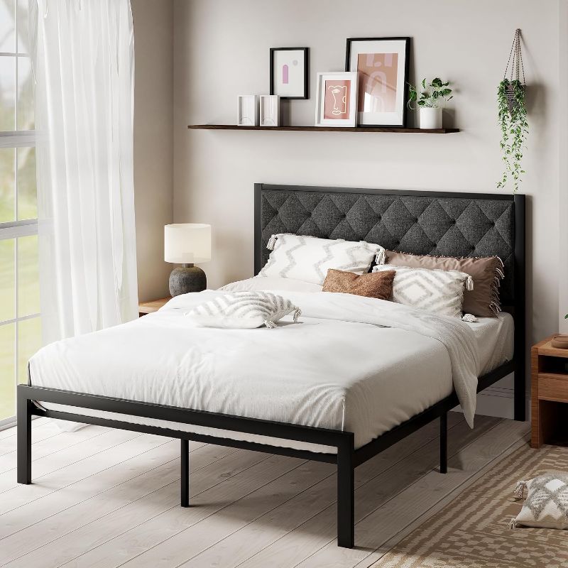 Photo 1 of MUTICOR Stylish Full Size Bed Frame with Tufted Headboard, Soft Padded Design?Sturdy Metal Slats, 12.4" Under Bed Storage,No Box Spring Needed, Easy Assembly,Dark Grey