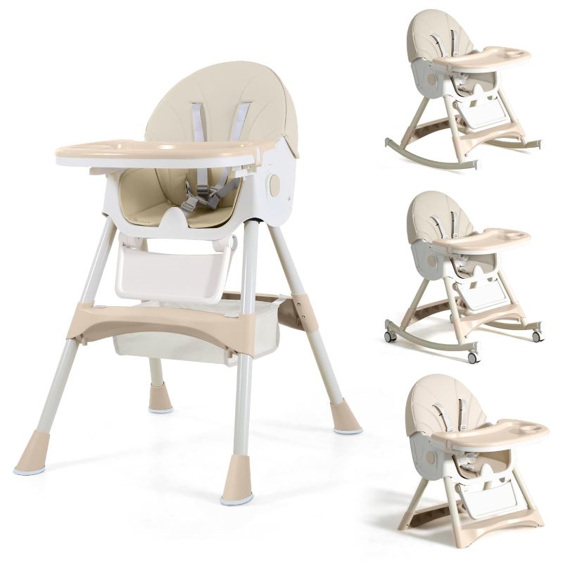 Photo 1 of 4 in1 Foldable Baby High Chair with Removable Tray, Safety Belt, Footrest and Wheels, Convertible Toddler High Chair, Beige