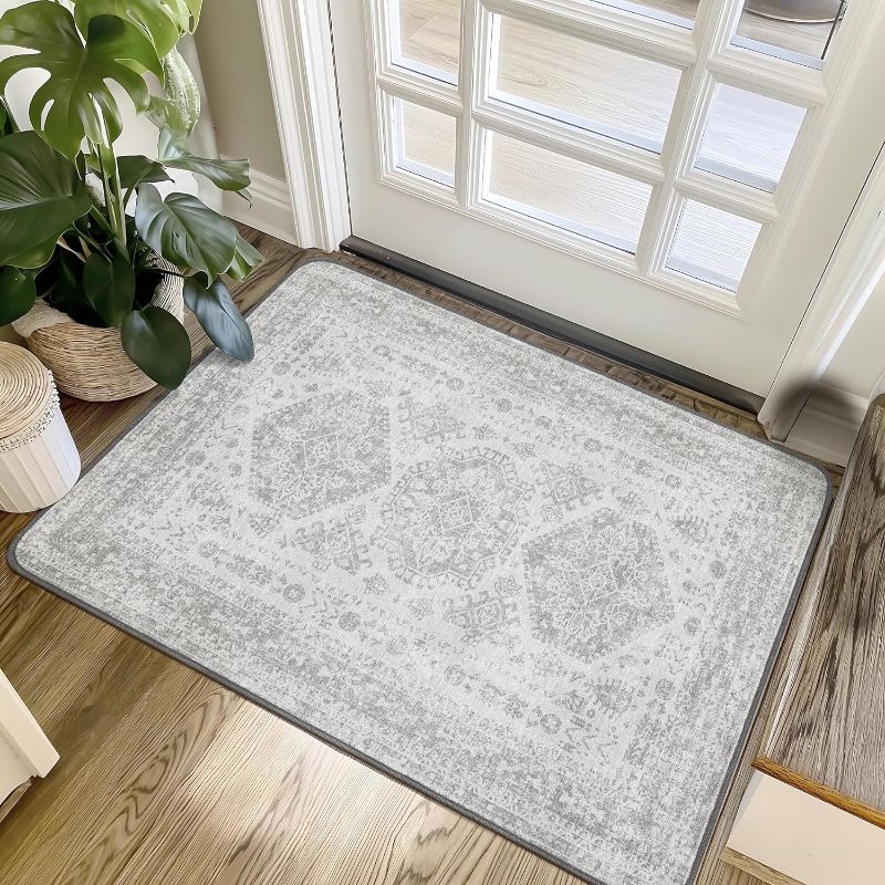 Photo 1 of 2X3 Area Rug for Indoor Entryway, Machine Washable Grey Rugs Throw Thin Doormat, Distressed Vintage Medallion Floral Print Rug for Bedroom Living room, Low Pile Lightweight with Non Slip Backing