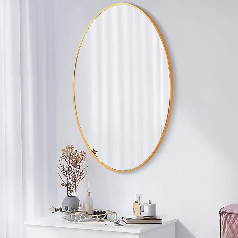 Photo 1 of 20x30 Oval Mirror Round Full Length Wall Mounted Hanging or Against Wall Metal Frame Dressing Make-up Mirrors for Entryway Bedroom Bathroom Living Room 30 20 inch Gold