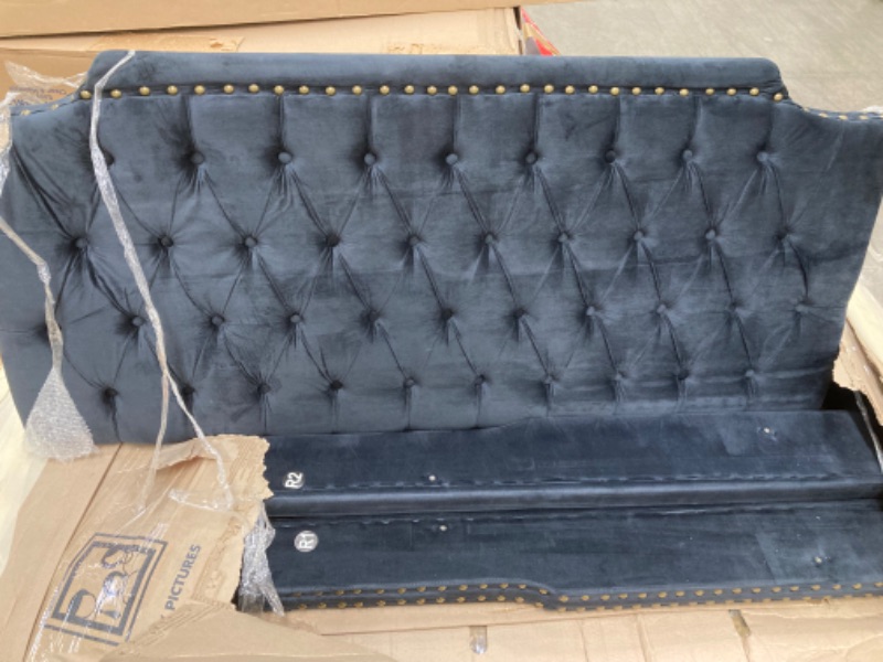 Photo 3 of  Headboard Upholstered Bed with Footbaord, Velvet Handmade Pleats Deep Button Tufted Wingback Platform Bed, No Box Spring Required/Wood Slat Support/Black