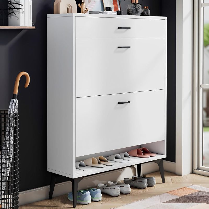 Photo 1 of ***(FATORY SEALED)***
Shoe Cabinet with 1 Slide Drawer & 2 Flip Drawers, Freestanding Shoes Rack Storage Organizer with Metal Legs for Entryway Hallway Bedroom Mudroom (White)