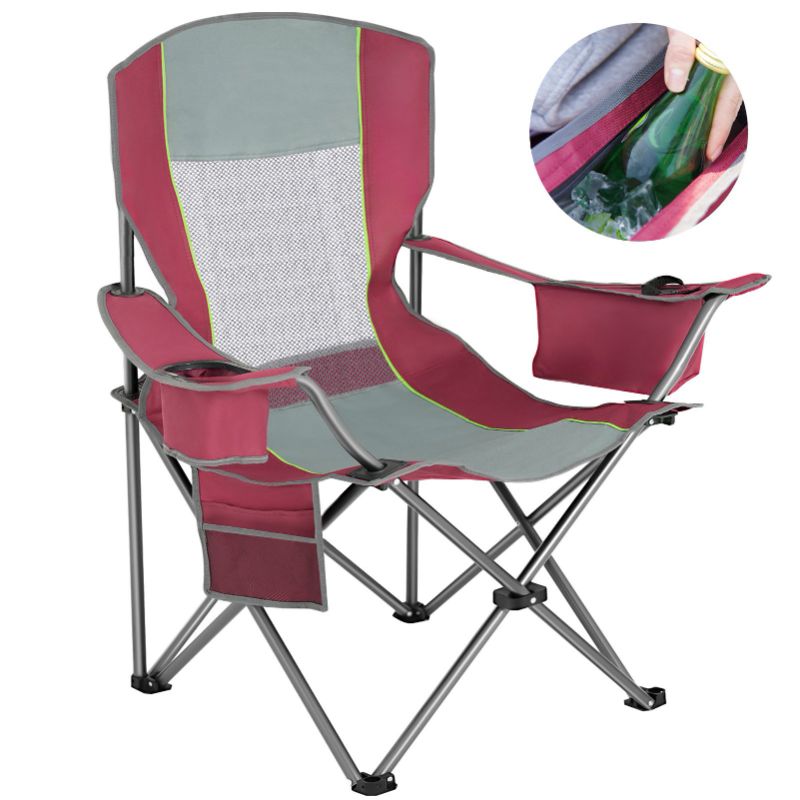 Photo 1 of HEQUSIGNS Oversized Folding Camping Chair, Mesh Back Folding Camping Lawn Chair with Cooler Bag, Cup Holder, Storage Bag for Outdoor Supports 400LBS(Red)
