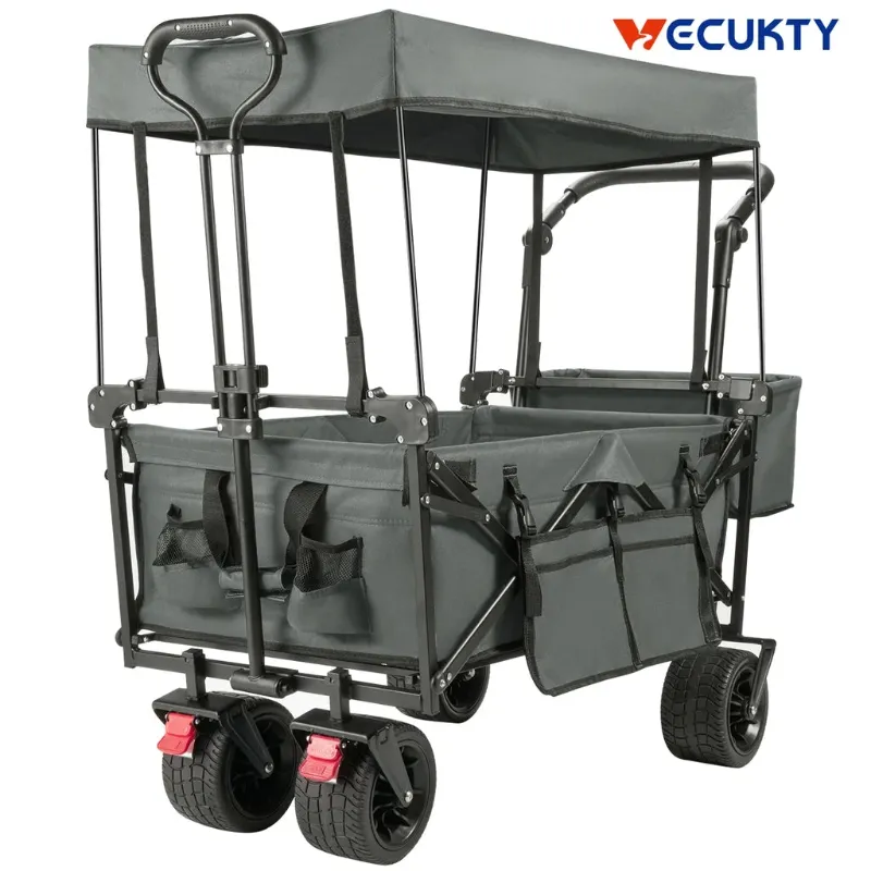 Photo 1 of Collapsible Beach Wagon Cart with Removable Canopy, VECUKTY Foldable Wagon Utility Carts with Fat Wheels and Rear Storage, for Garden Camping Grocery Shopping Cart,Gray