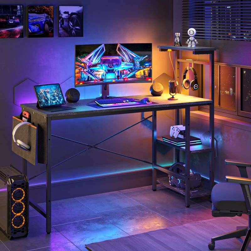 Photo 1 of ***(FACTORY SEALED)***
Bestier 52 inch Gaming Computer Desk with LED Lights & Shelves in Black Marble, Reversible desk