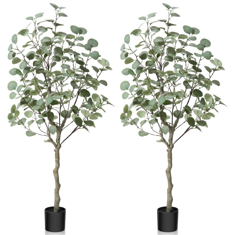 Photo 1 of 2 Pack Artificial Plants 4ft Artificial Eucalyptus Silk Tree in Pot, Faux Plastic Eucalyptus Plant with Durable Plastic Trunk for Home Decor Office House Living Room Indoor Outdoor