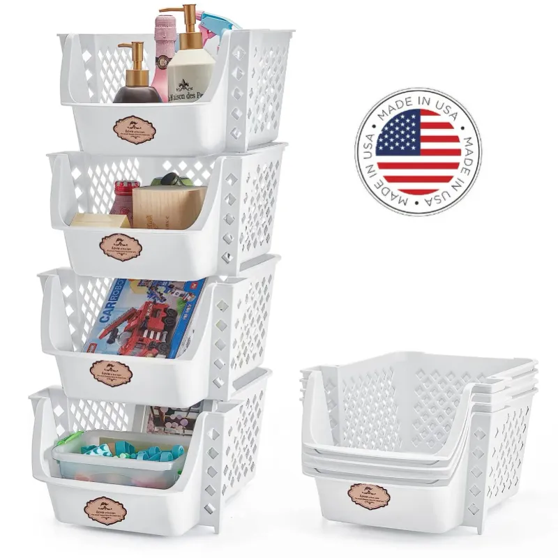 Photo 1 of HOUSE DAY White Stackable Storage Bins Set of 4, Plastic Storage Baskets for Kitchen Storage and Toy Storage, Space Saving Organization Container