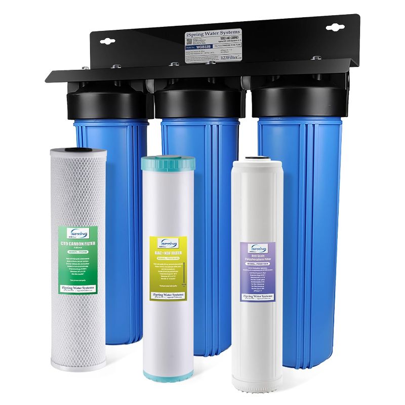 Photo 1 of iSpring Whole House Water Filter System w/Ultimate Protection, Highly Reduces Scale, PFAS, Lead, Chlorine, Chloramine, Hydrogen Sulfide, 3-Stage Whole House Water Filtration System, Model: WGB32B-KDS