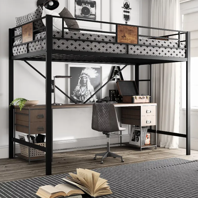 Photo 1 of ***(FACTORY SEALED)***
Amolife Metal Twin Size Loft Bed Frame with Stairs & Full-Length Guardrail, Rustic Wood, Black Frame (Desk not included)