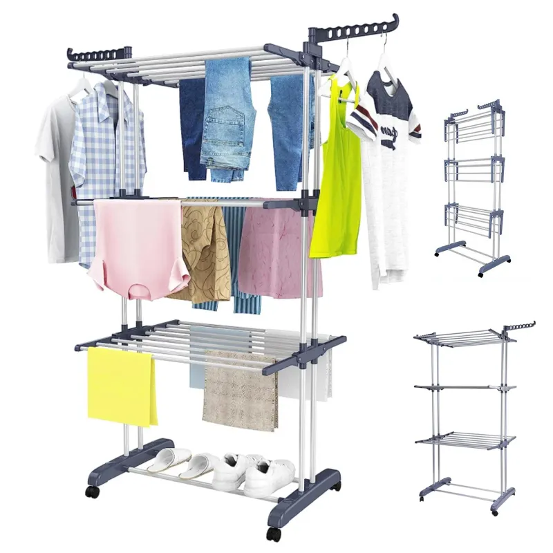 Photo 1 of Homemart Clothes Drying Rack, 4-Tier Foldable Laundry Drying Rack, Stainless Steel Garment Clothes Dryer Indoor or Outdoor Standing Clothing Rack with Wheels