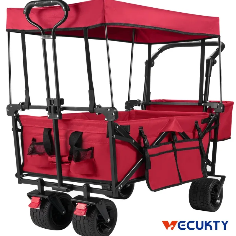 Photo 1 of Collapsible Garden Wagon Cart with Removable Canopy, VECUKTY Foldable Wagon Utility Carts with Wheels and Rear Storage, Wagon Cart for Garden Camping Grocery Shopping Cart, Red