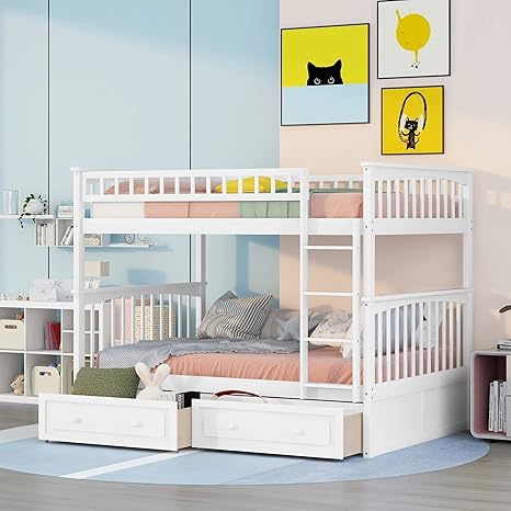 Photo 1 of Full Over Full Bunk Bed with 2 Storage Drawers, Wooden Bunk Bed Frame with Guardrails and Ladders for Kids Teens Adults, Can be Convertible into 2 Beds (Bunk Beds Full Over Full, White)