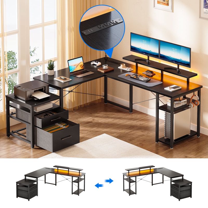 Photo 1 of ***(factory sealed)***
L Shaped Gaming Desk with Drawers, 59" Reversible Computer Desk with File Drawer, Corner Computer Desk with Storage Shelves & Monitor Stand, Home Office Desk Workstation, Black