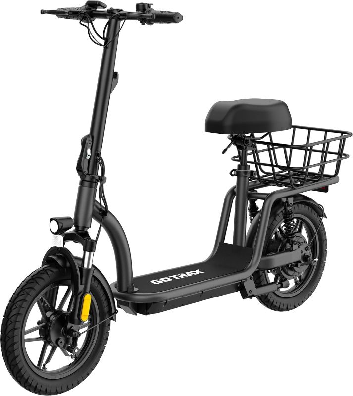 Photo 1 of Gotrax Electric Scooter with Seat for Adult, Max 16-25miles Range, 15.5-20mph Power by 350W-500W Motor, Comfortable 14" Pneumatic Tire and Wider Deck & Height Adujustable Seat with Carry Basket