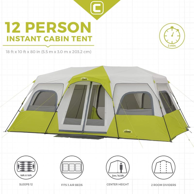 Photo 1 of CORE 12 Person Instant Cabin Tent | 3 Room Huge Tent for Family with Storage Pockets for Camping Accessories | Portable Large Pop Up Tent for 2 Minute Camp Setup