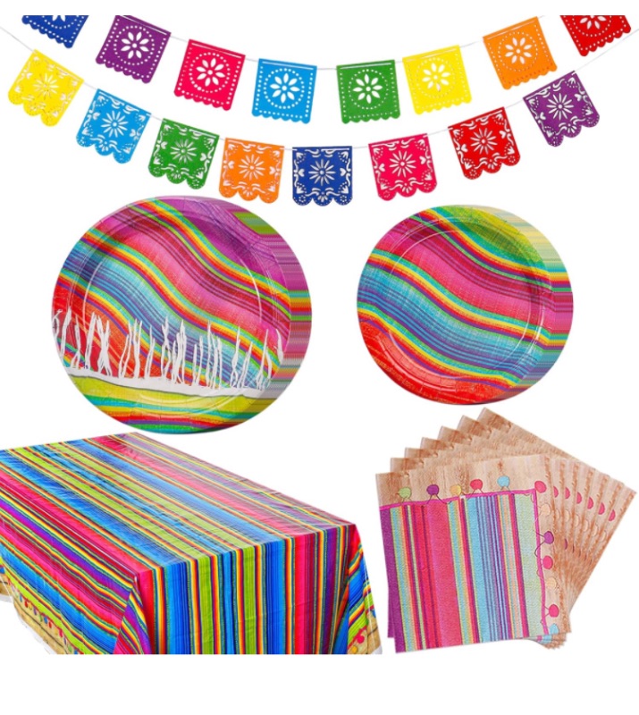 Photo 1 of ***2 pack *** MADHOLLY Mexican Fiestas Party Supplies- Cinco De Mayo Party Decorations with Mexican Party Felt Banners Plates Napkins Tablecloth for Cinco De Mayo Table Decorations Carnivals Event Taco Party