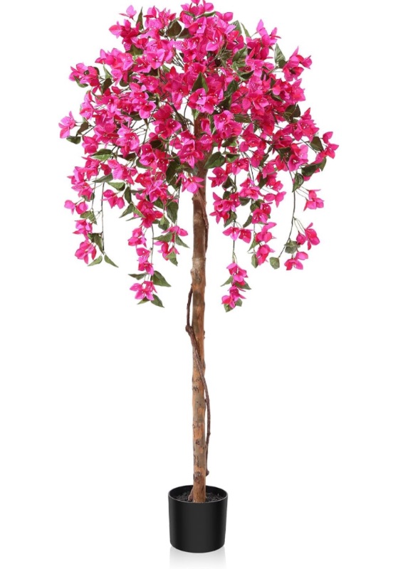 Photo 1 of 5FT Artificial Tree Tall Potted Fake Bougainvillea Trees for Outdoor Indoor Office Wedding Home Decor Lifelike Faux Plants with Wood Trunk and Pink Flowers